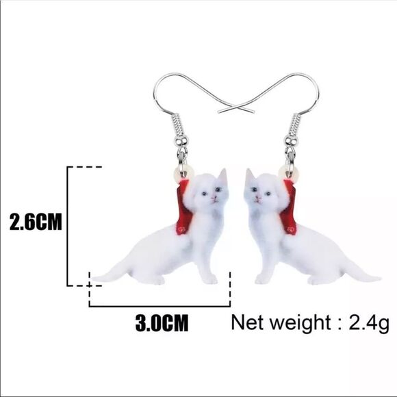 Christmas White Cat Earrings Santa Acrylic Lightweight Holiday Kitten - Picture 5 of 5